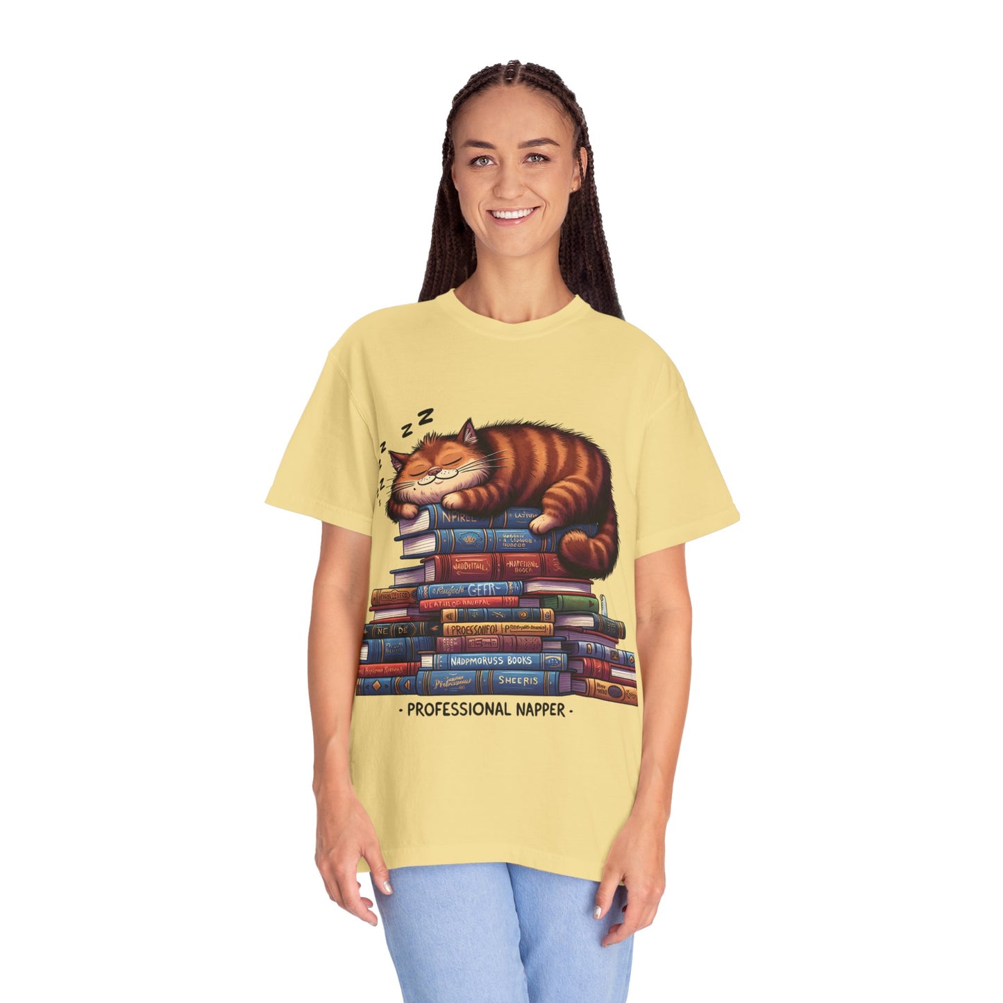 Professional Napper Cat T-Shirt | Unisex Garment-Dyed Tee for Book Lovers