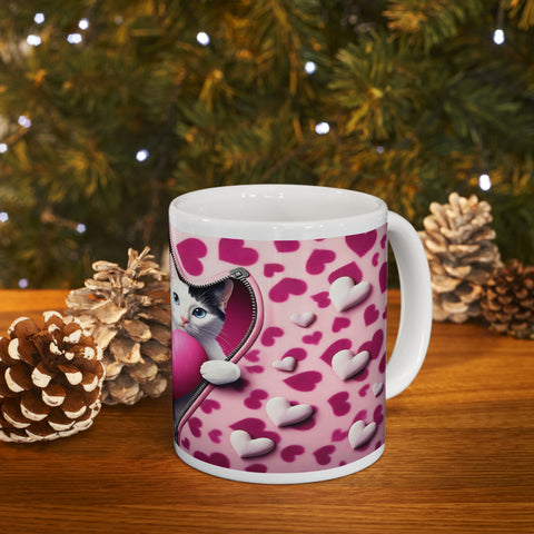 Romantic Cat Lovers Ceramic Mug - Pink Heart Design, Perfect Gift for Valentine's Day, Pet Enthusiasts