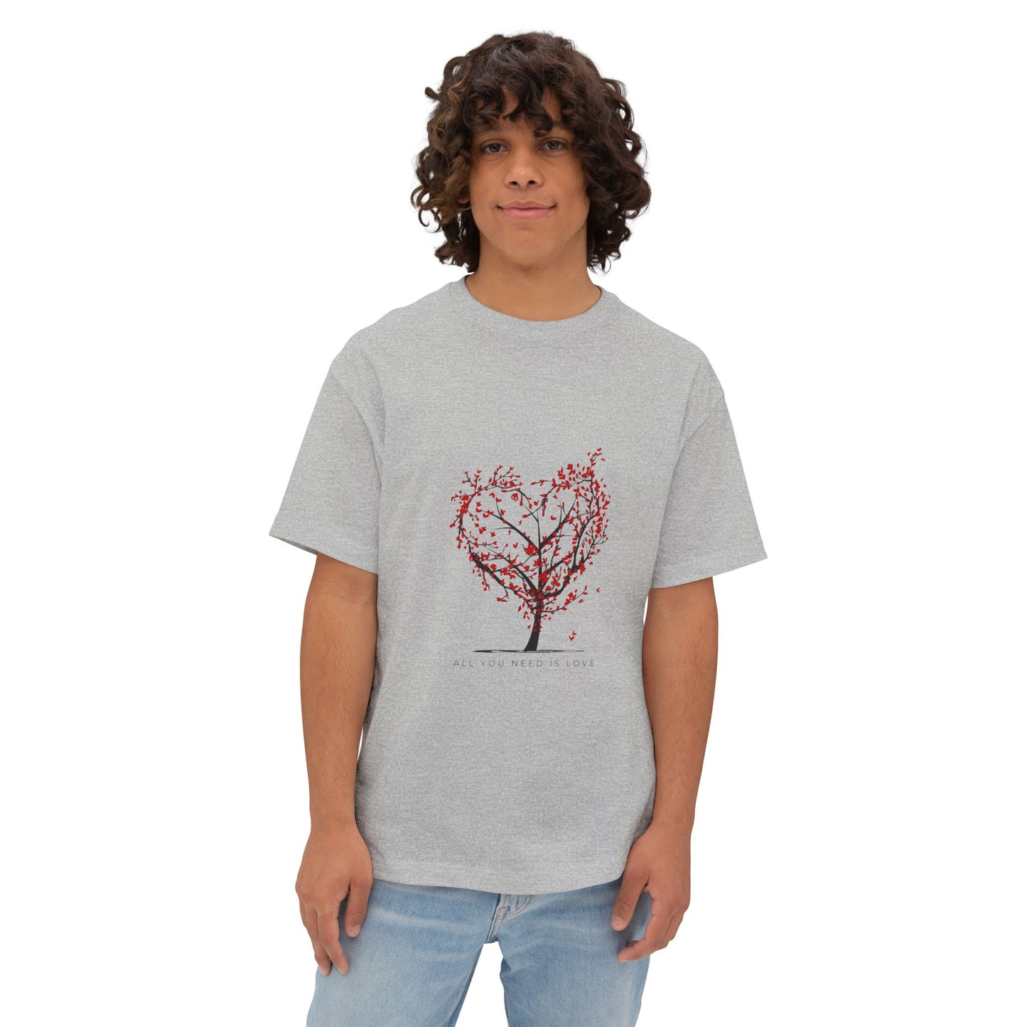 Romantic Unisex Oversized Boxy Tee - "All You Need Is Love" & Heartbeat Design