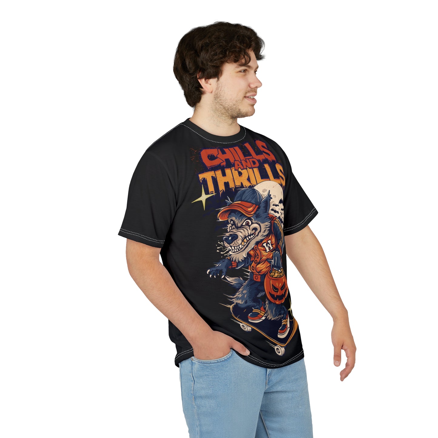 Chills and Thrills Graphic Tee - Halloween Skateboarding Wolf Shirt