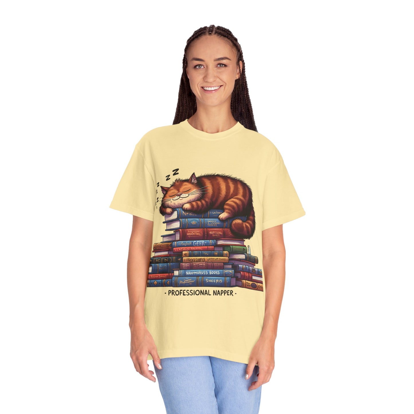 Professional Napper Cat T-Shirt | Unisex Garment-Dyed Tee for Book Lovers