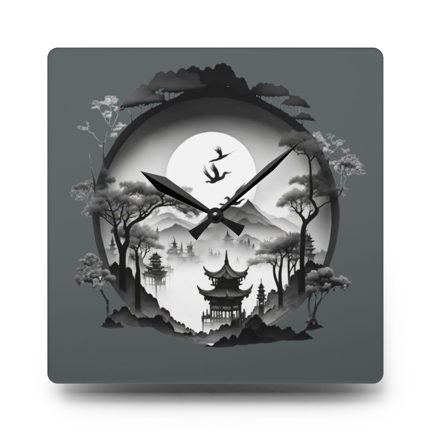 Serene Asian Landscape Acrylic Wall Clock - Home Décor, Zen Style, Perfect Gift for Minimalists