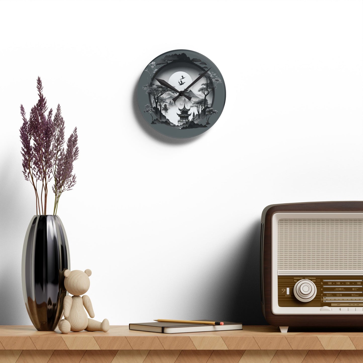 Serene Asian Landscape Acrylic Wall Clock - Home Décor, Zen Style, Perfect Gift for Minimalists