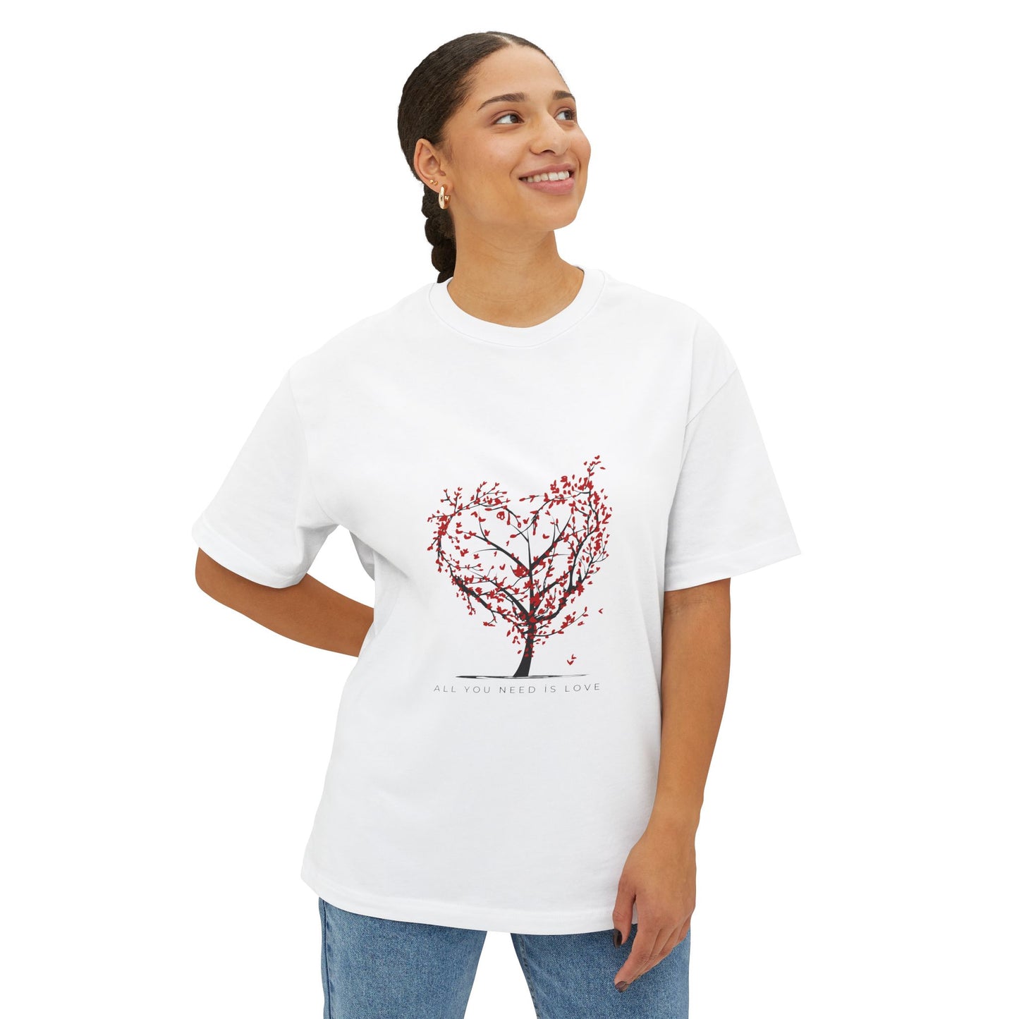 Romantic Unisex Oversized Boxy Tee - "All You Need Is Love" & Heartbeat Design