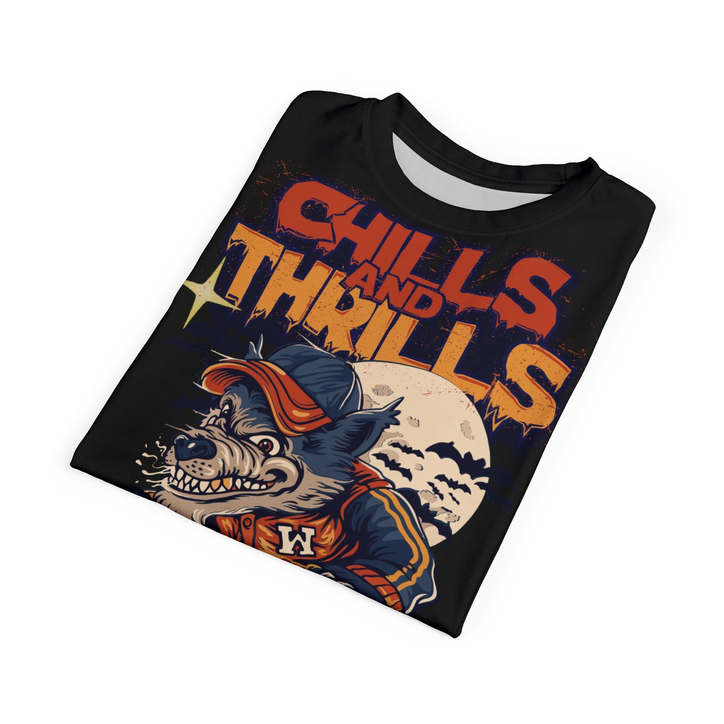 Chills and Thrills Graphic Tee - Halloween Skateboarding Wolf Shirt