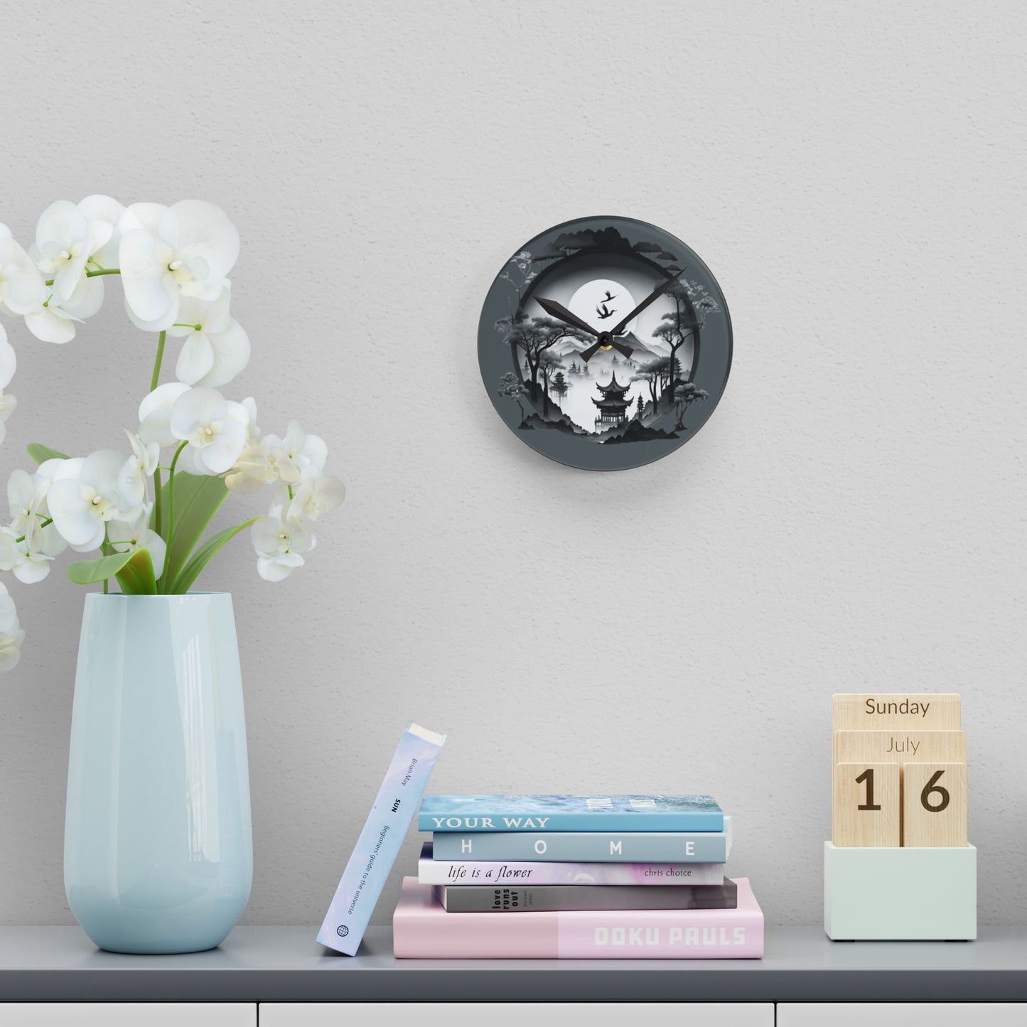 Serene Asian Landscape Acrylic Wall Clock - Home Décor, Zen Style, Perfect Gift for Minimalists