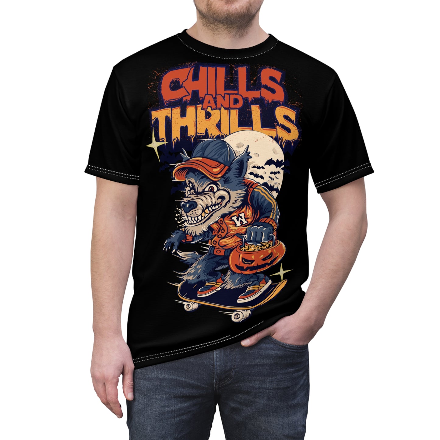 Chills and Thrills Graphic Tee - Halloween Skateboarding Wolf Shirt