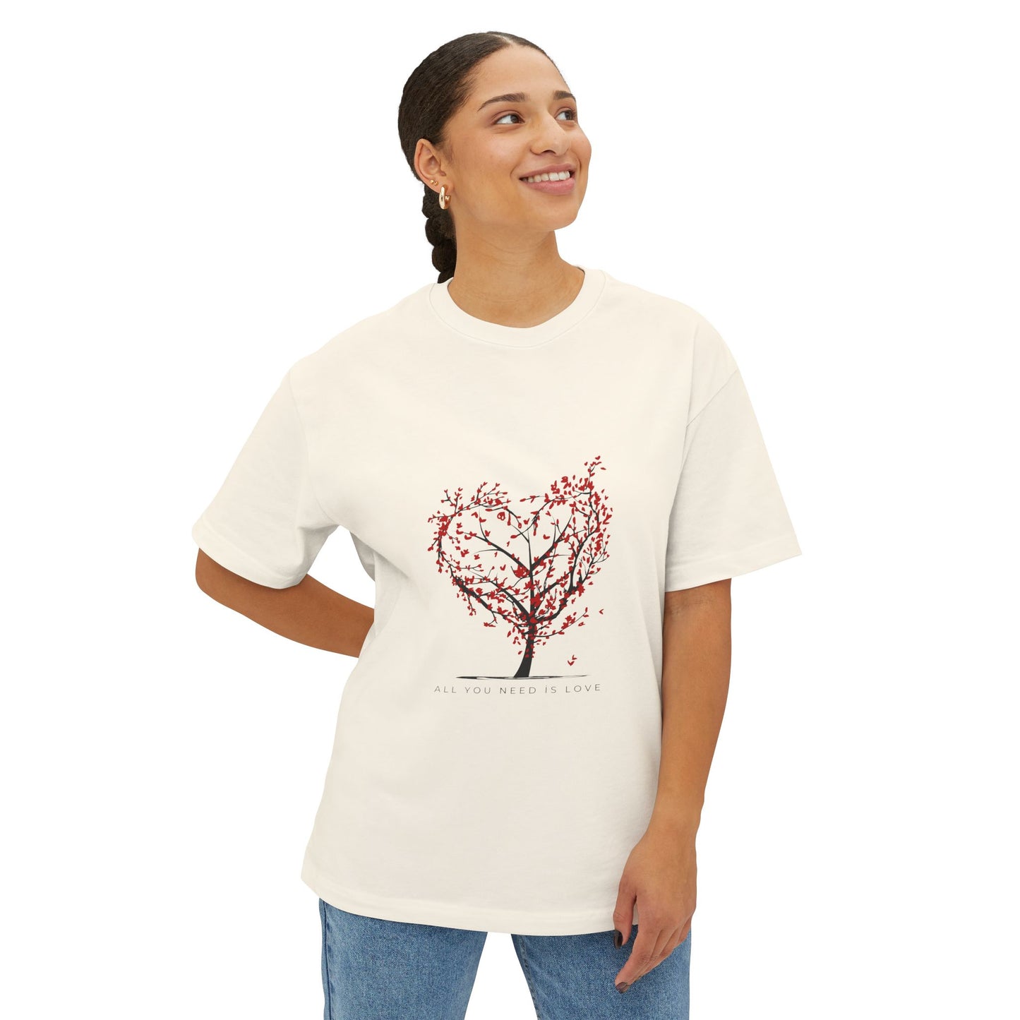 Romantic Unisex Oversized Boxy Tee - "All You Need Is Love" & Heartbeat Design