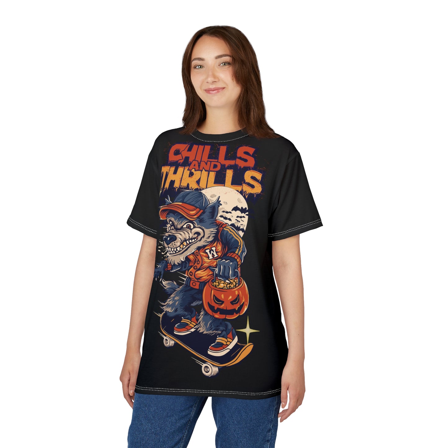 Chills and Thrills Graphic Tee - Halloween Skateboarding Wolf Shirt