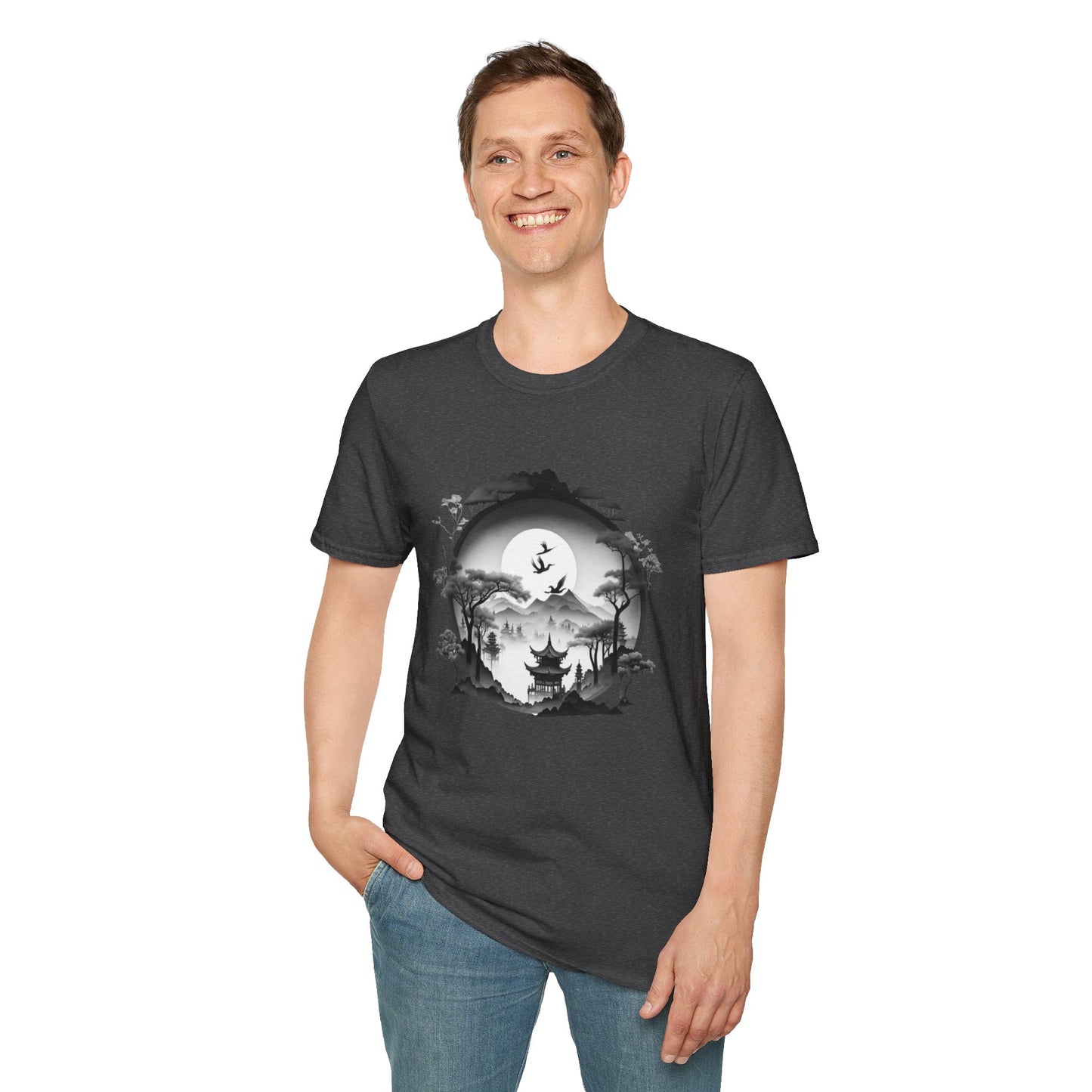 Zen-Inspired Unisex Softstyle T-Shirt with Scenic Landscape Design