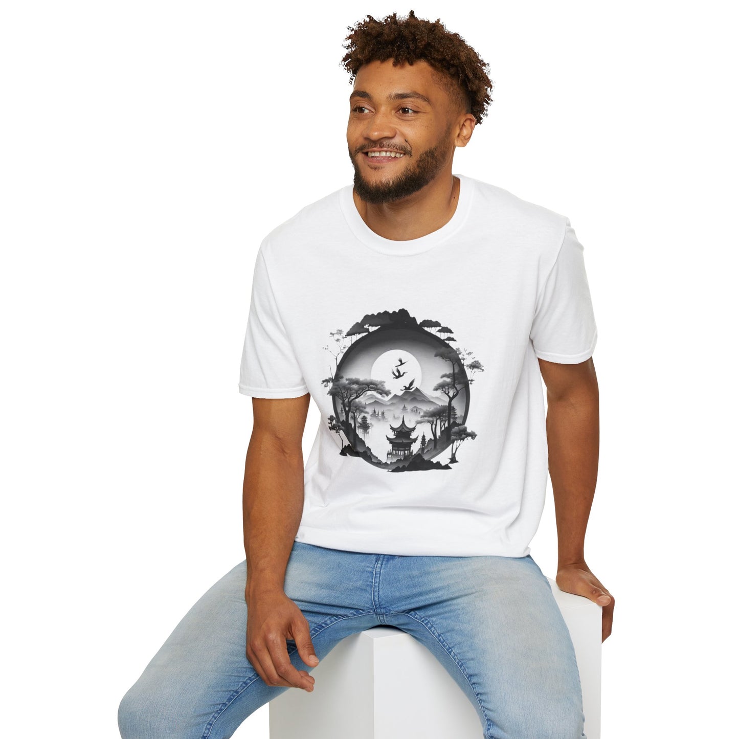 Zen-Inspired Unisex Softstyle T-Shirt with Scenic Landscape Design