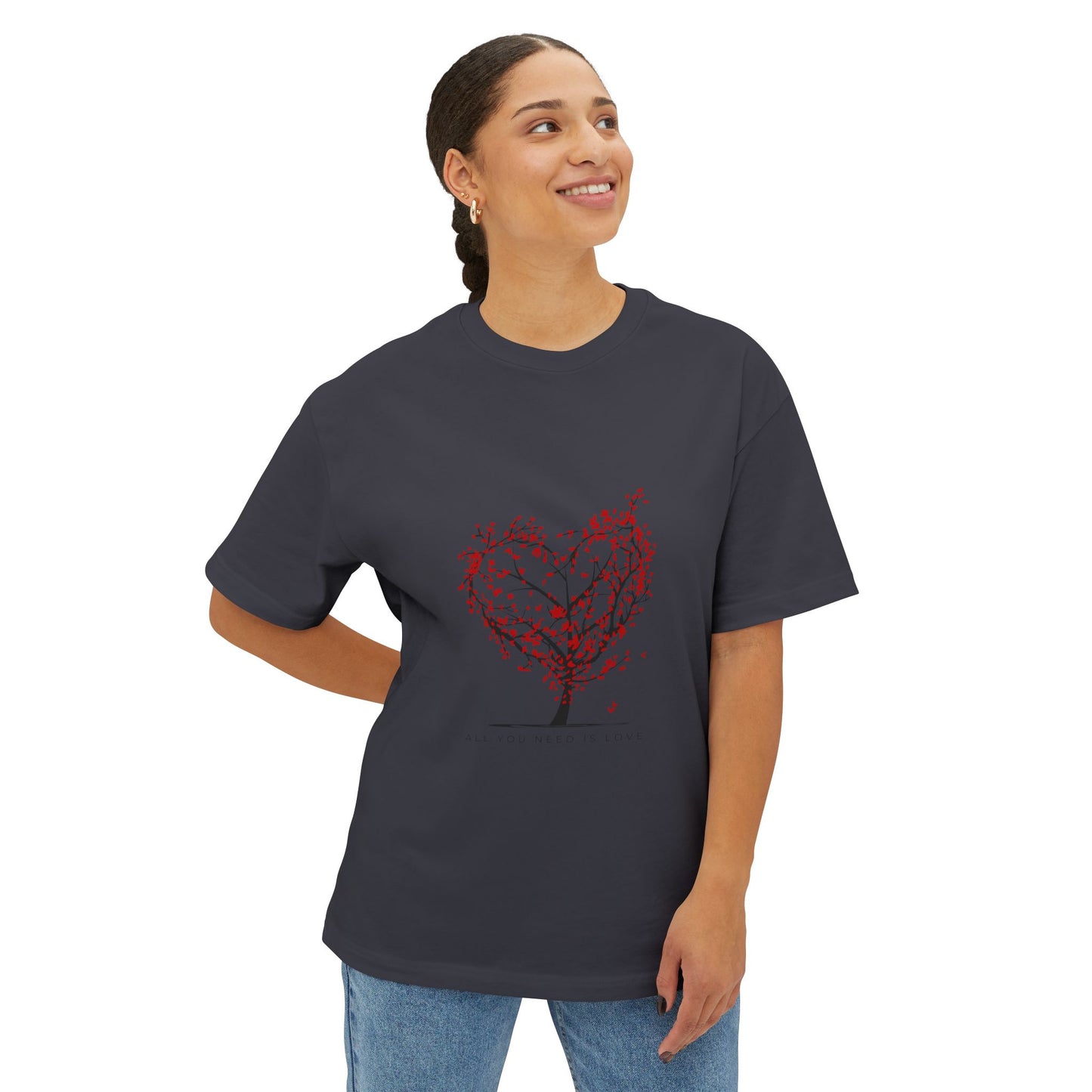 Romantic Unisex Oversized Boxy Tee - "All You Need Is Love" & Heartbeat Design