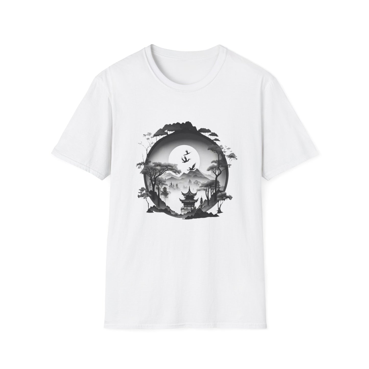 Zen-Inspired Unisex Softstyle T-Shirt with Scenic Landscape Design