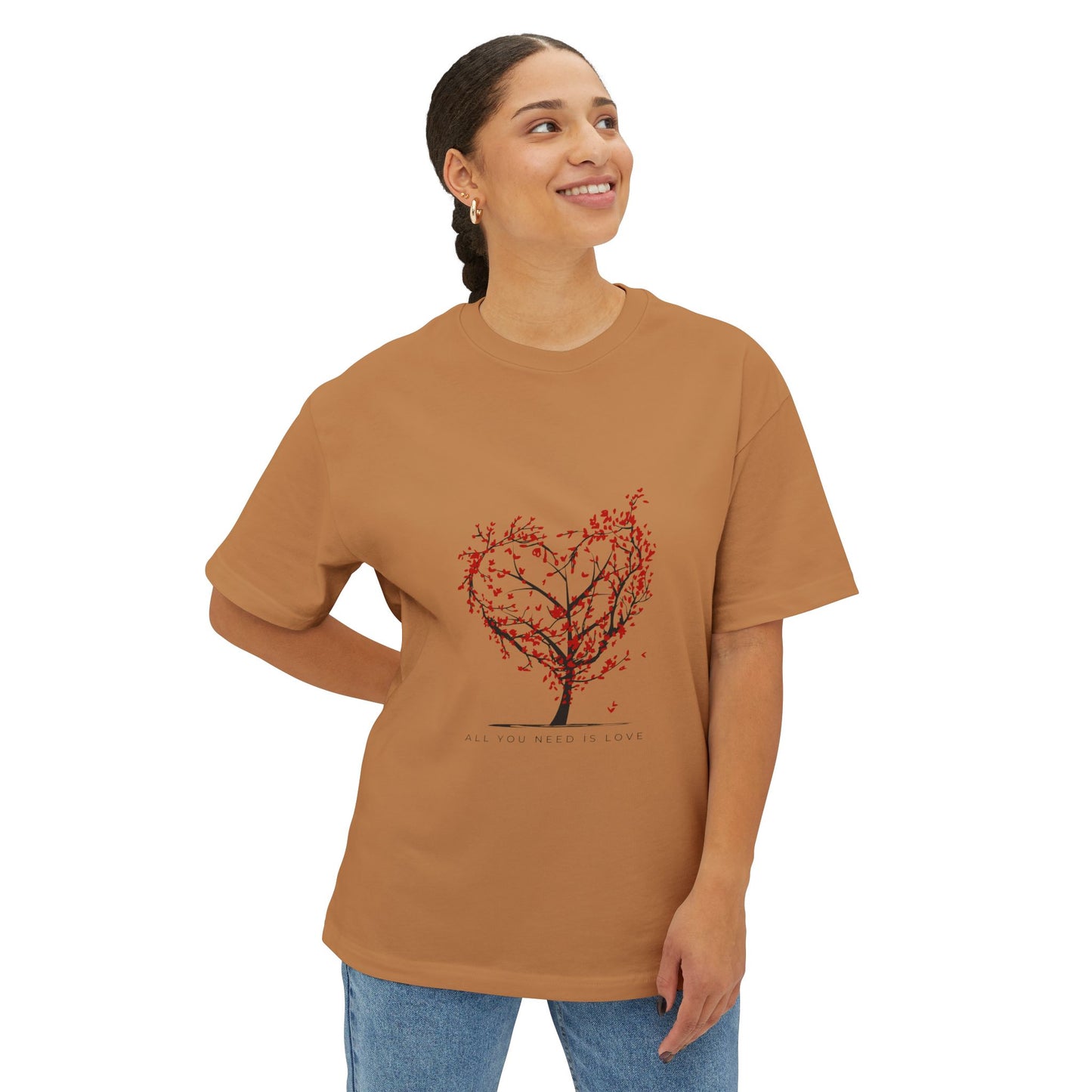 Romantic Unisex Oversized Boxy Tee - "All You Need Is Love" & Heartbeat Design