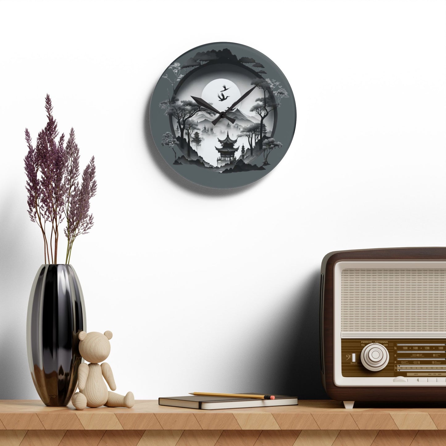 Serene Asian Landscape Acrylic Wall Clock - Home Décor, Zen Style, Perfect Gift for Minimalists