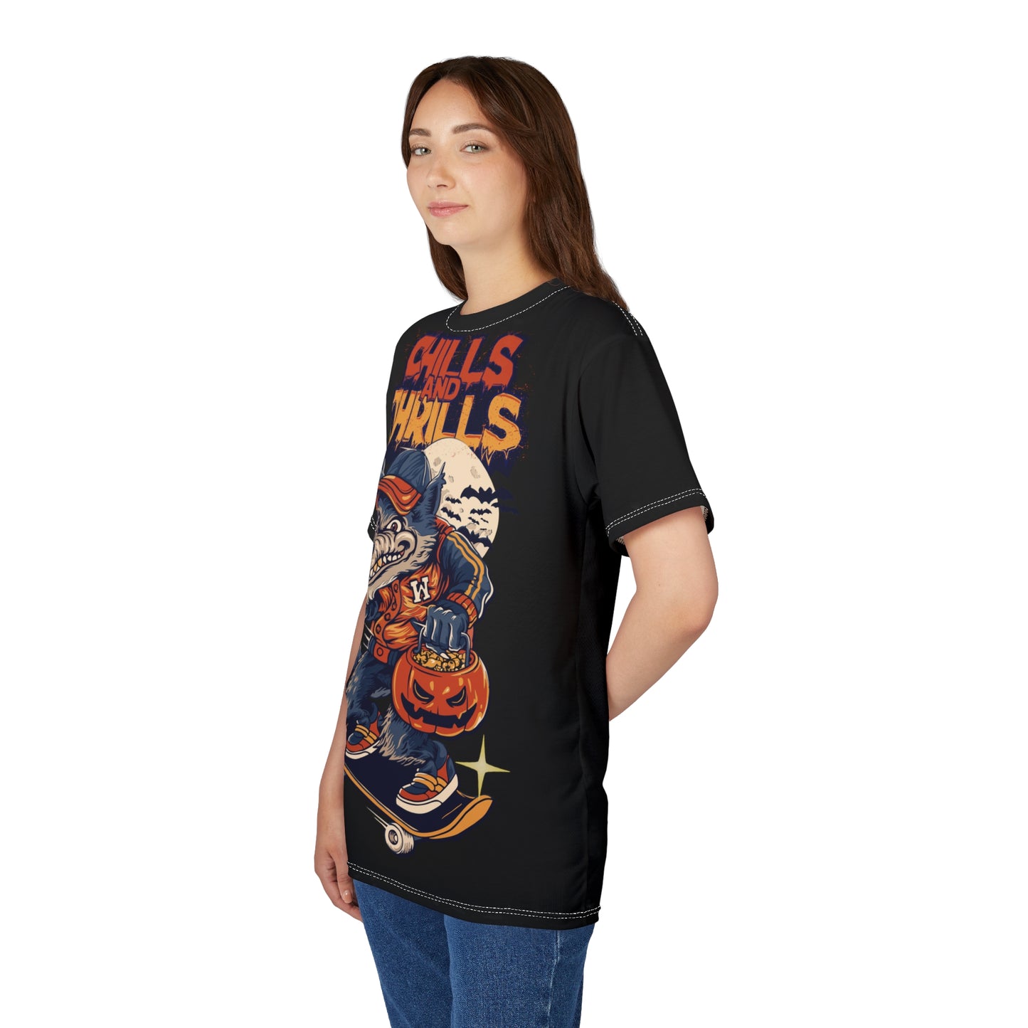 Chills and Thrills Graphic Tee - Halloween Skateboarding Wolf Shirt