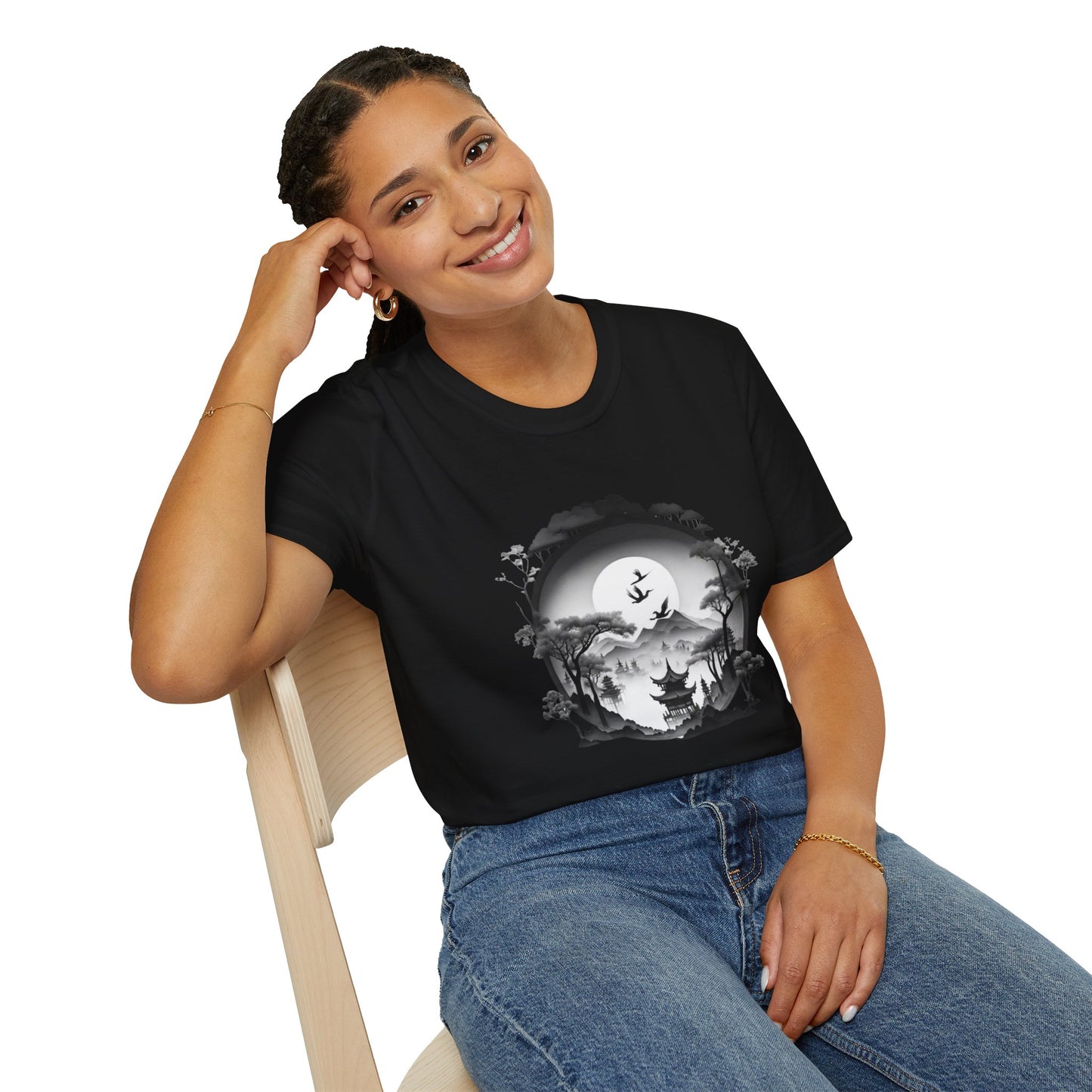 Zen-Inspired Unisex Softstyle T-Shirt with Scenic Landscape Design