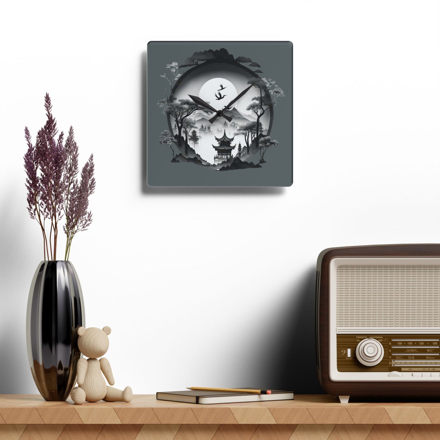 Serene Asian Landscape Acrylic Wall Clock - Home Décor, Zen Style, Perfect Gift for Minimalists