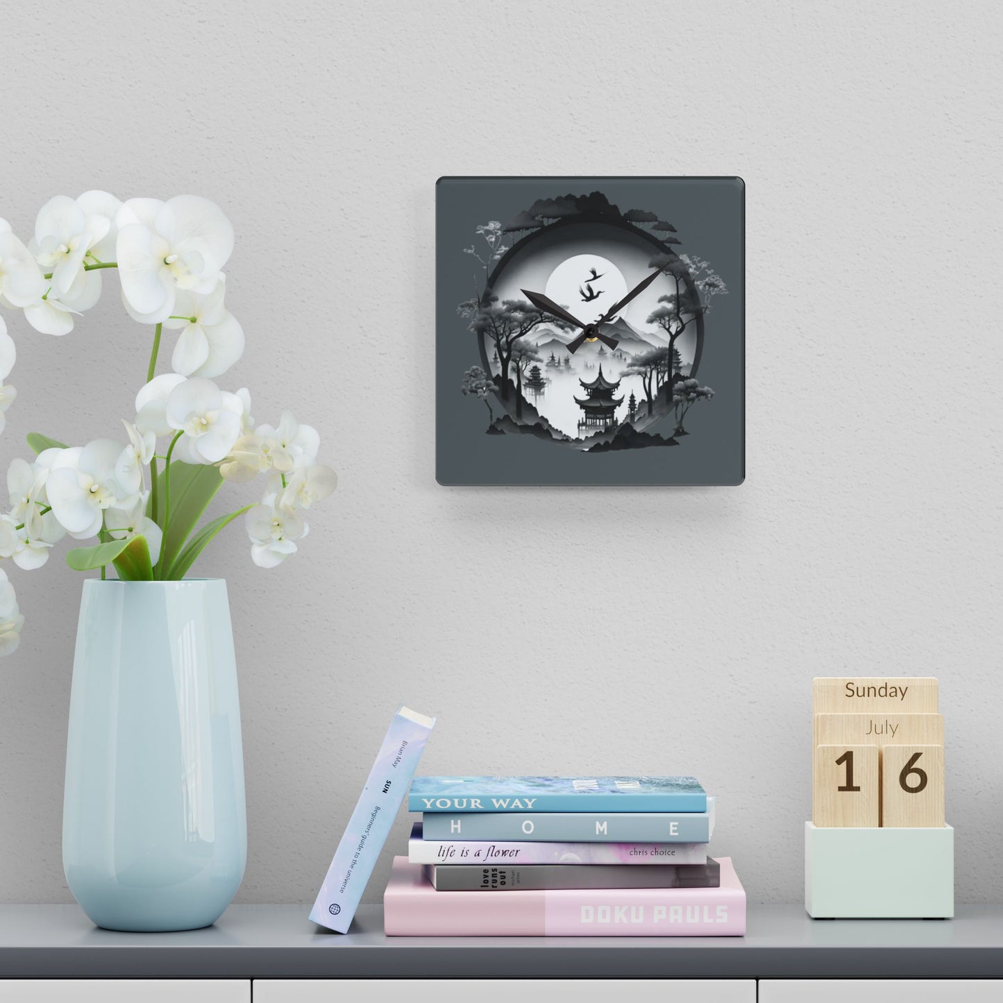 Serene Asian Landscape Acrylic Wall Clock - Home Décor, Zen Style, Perfect Gift for Minimalists