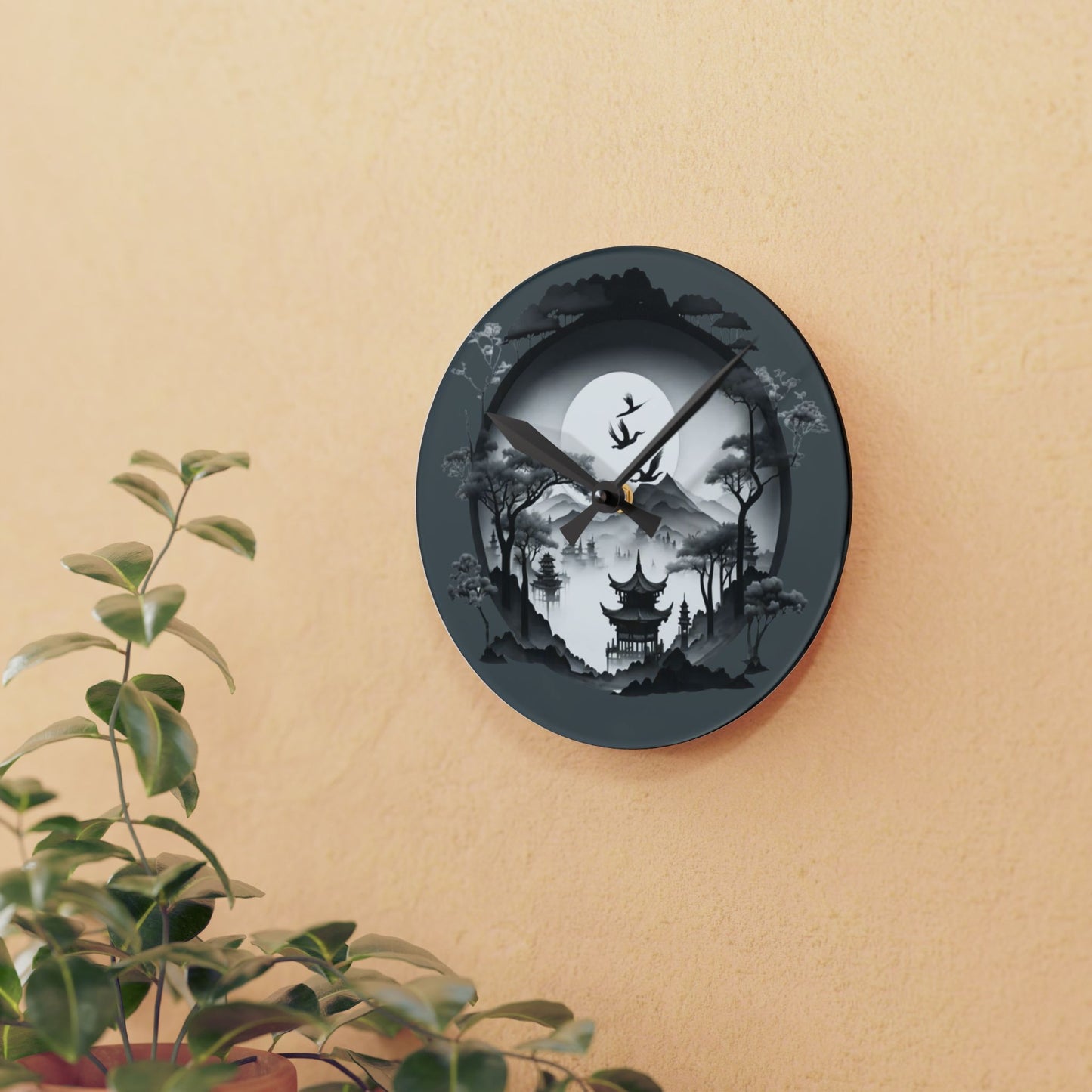 Serene Asian Landscape Acrylic Wall Clock - Home Décor, Zen Style, Perfect Gift for Minimalists