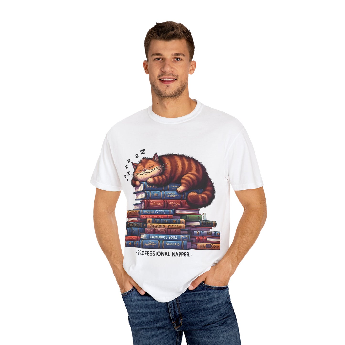 Professional Napper Cat T-Shirt | Unisex Garment-Dyed Tee for Book Lovers