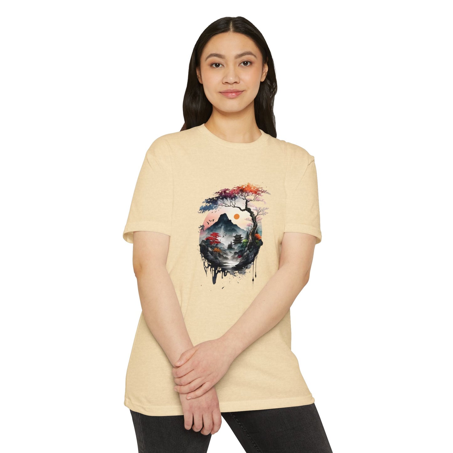 Nature-Inspired Unisex CVC Jersey T-Shirt with Mountain Design