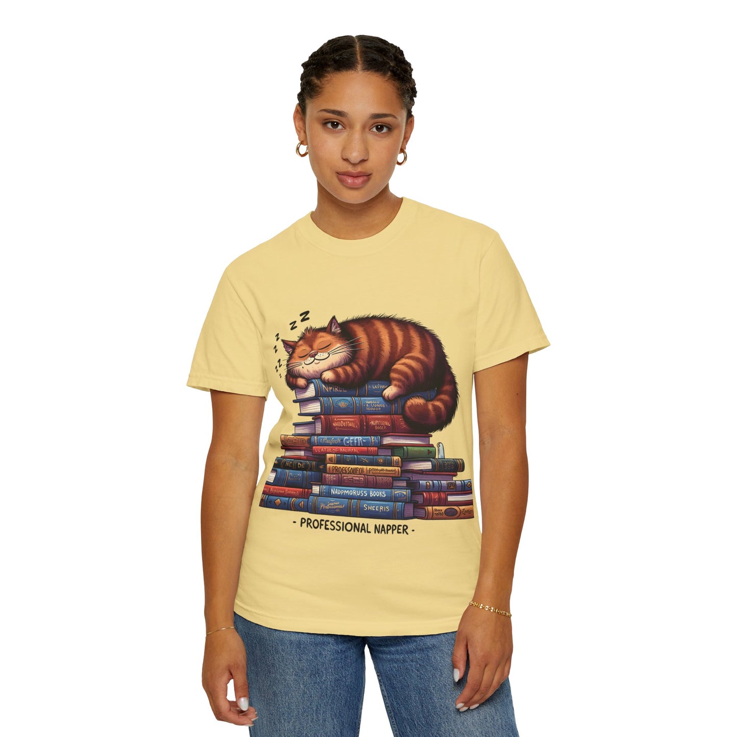 Professional Napper Cat T-Shirt | Unisex Garment-Dyed Tee for Book Lovers