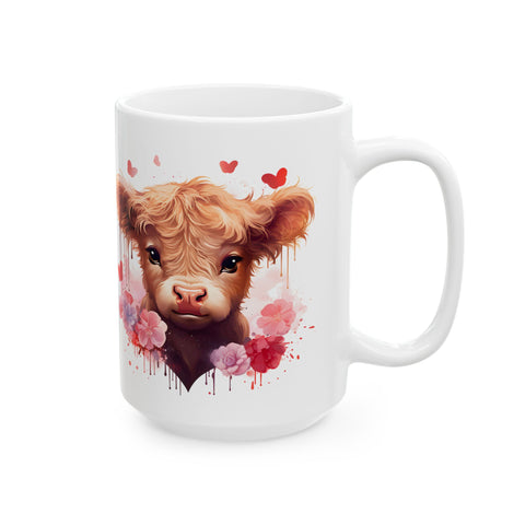 Cute Cow Mug with Hearts and Flowers | Ceramic Coffee Cup for Animal Lovers