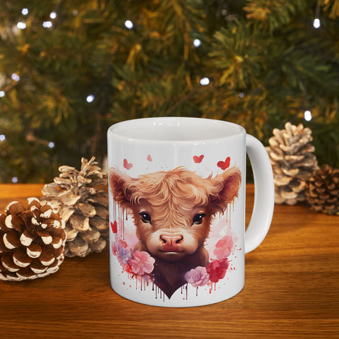 Cute Cow Mug with Hearts and Flowers | Ceramic Coffee Cup for Animal Lovers