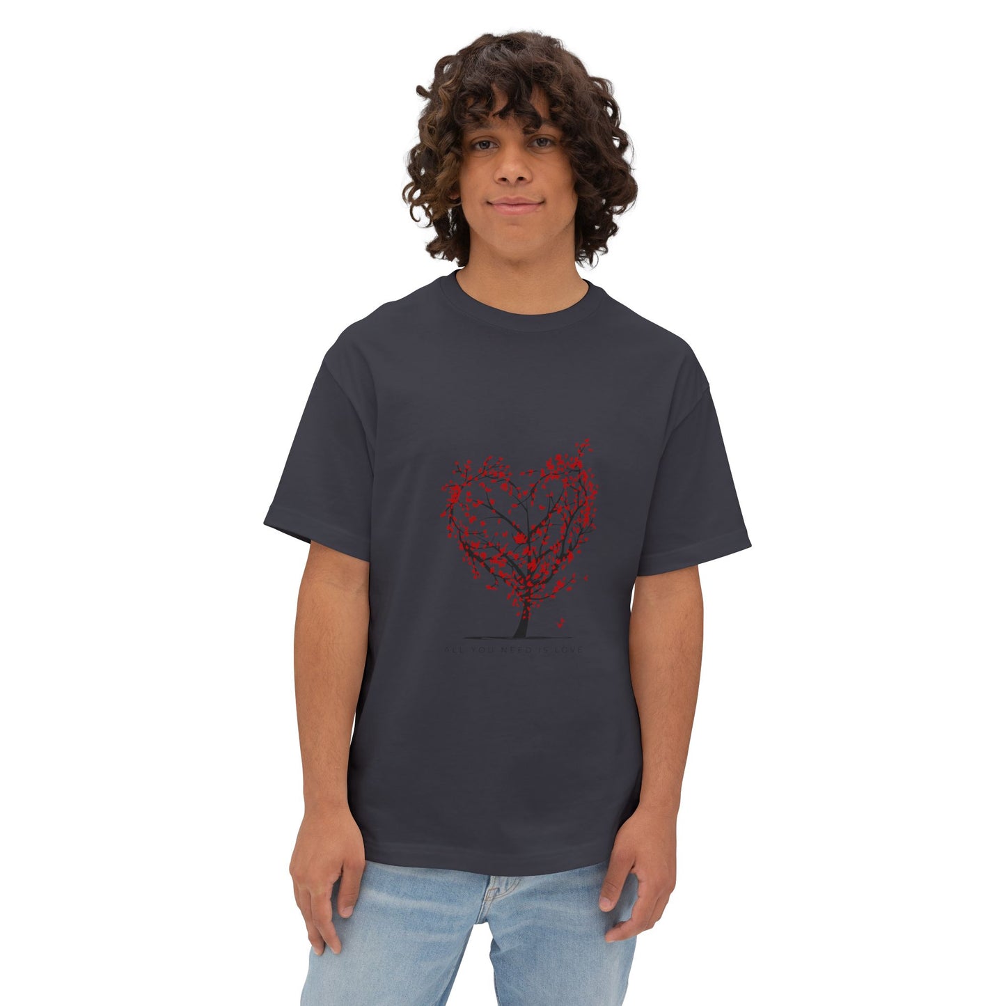 Romantic Unisex Oversized Boxy Tee - "All You Need Is Love" & Heartbeat Design