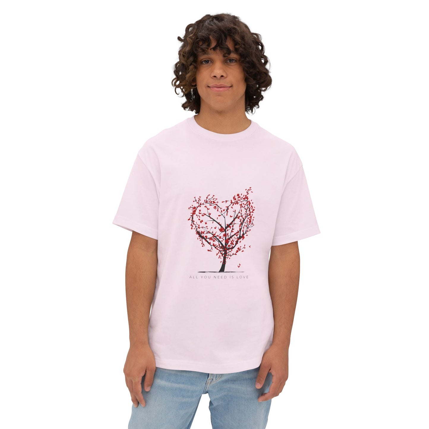 Romantic Unisex Oversized Boxy Tee - "All You Need Is Love" & Heartbeat Design