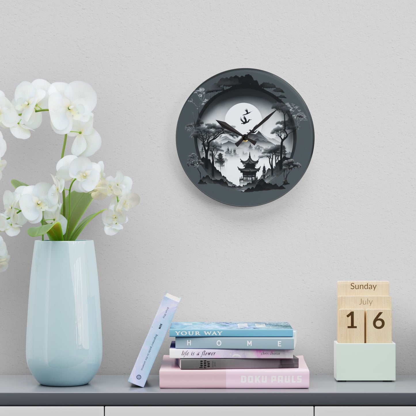 Serene Asian Landscape Acrylic Wall Clock - Home Décor, Zen Style, Perfect Gift for Minimalists