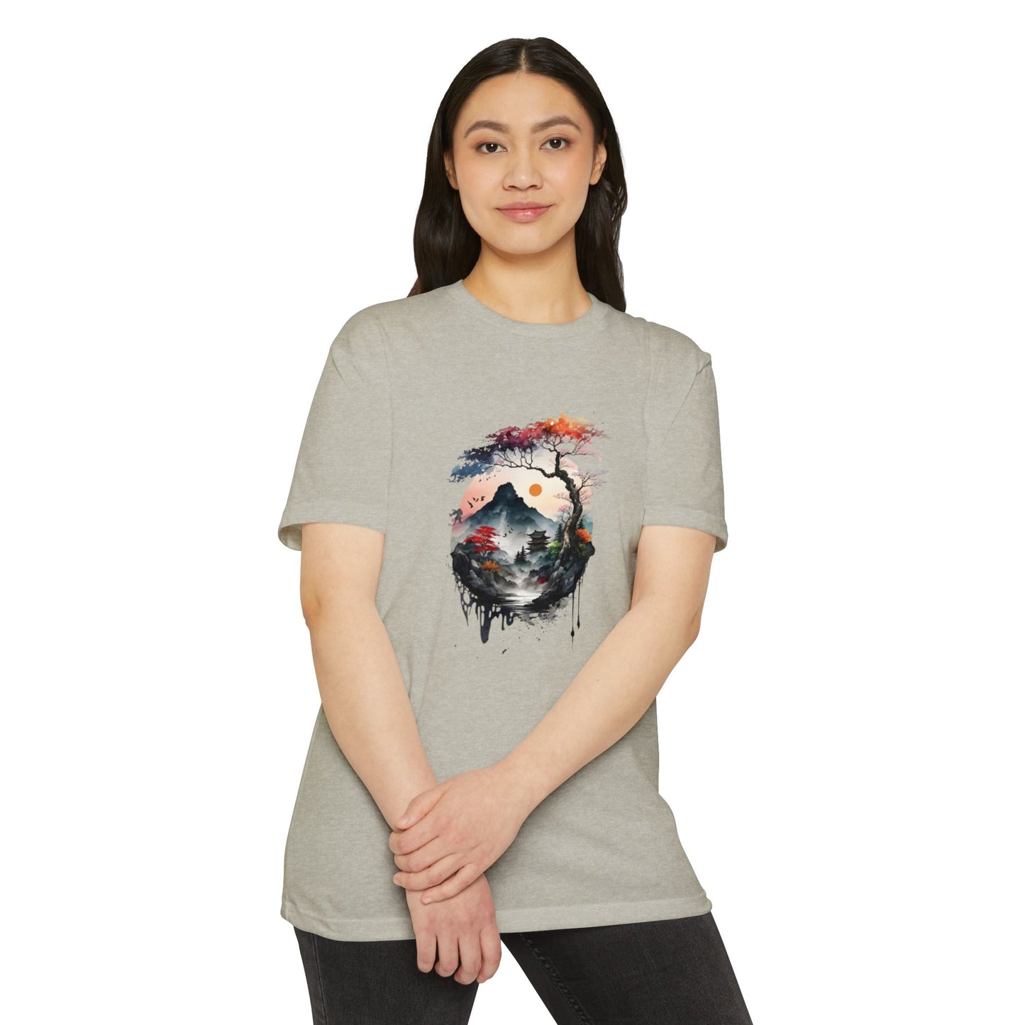 Nature-Inspired Unisex CVC Jersey T-Shirt with Mountain Design