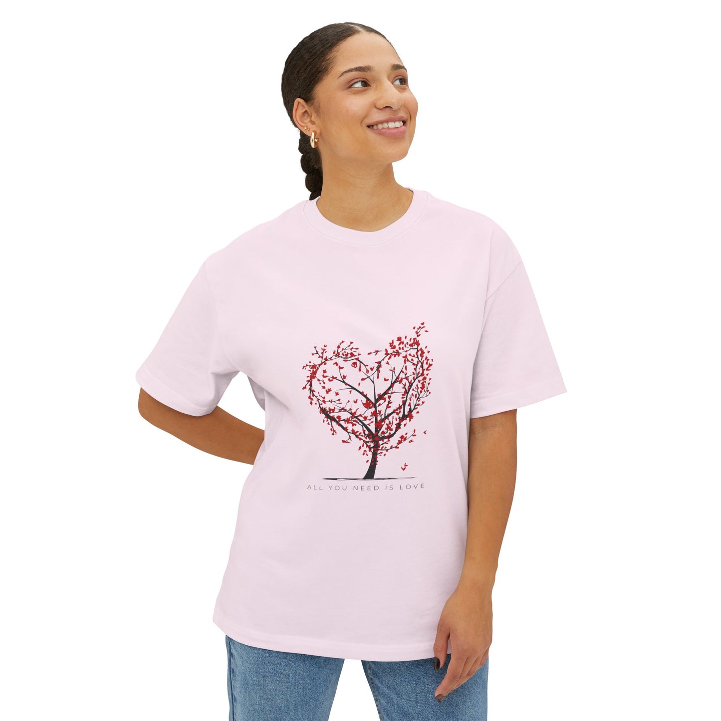 Romantic Unisex Oversized Boxy Tee - "All You Need Is Love" & Heartbeat Design