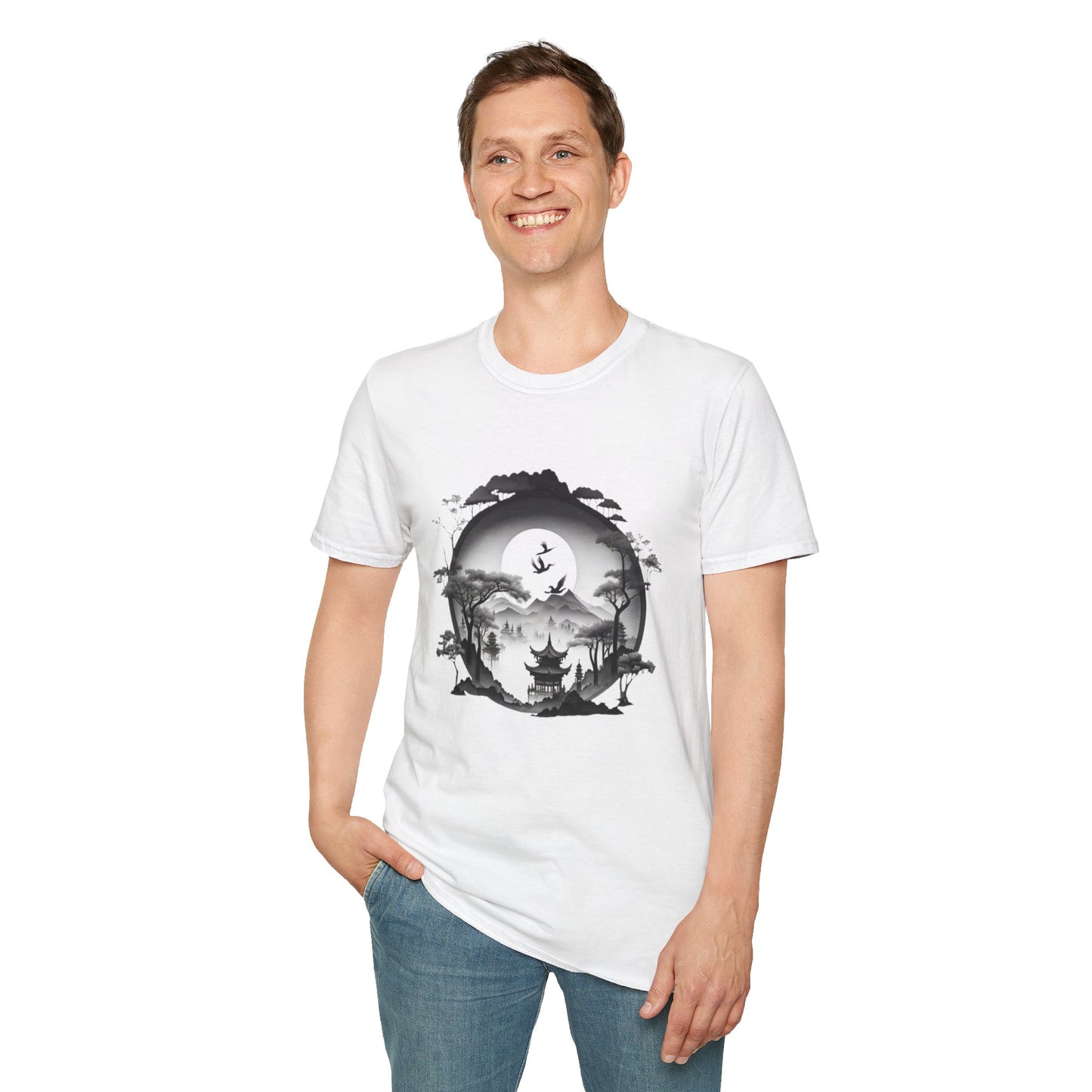 Zen-Inspired Unisex Softstyle T-Shirt with Scenic Landscape Design