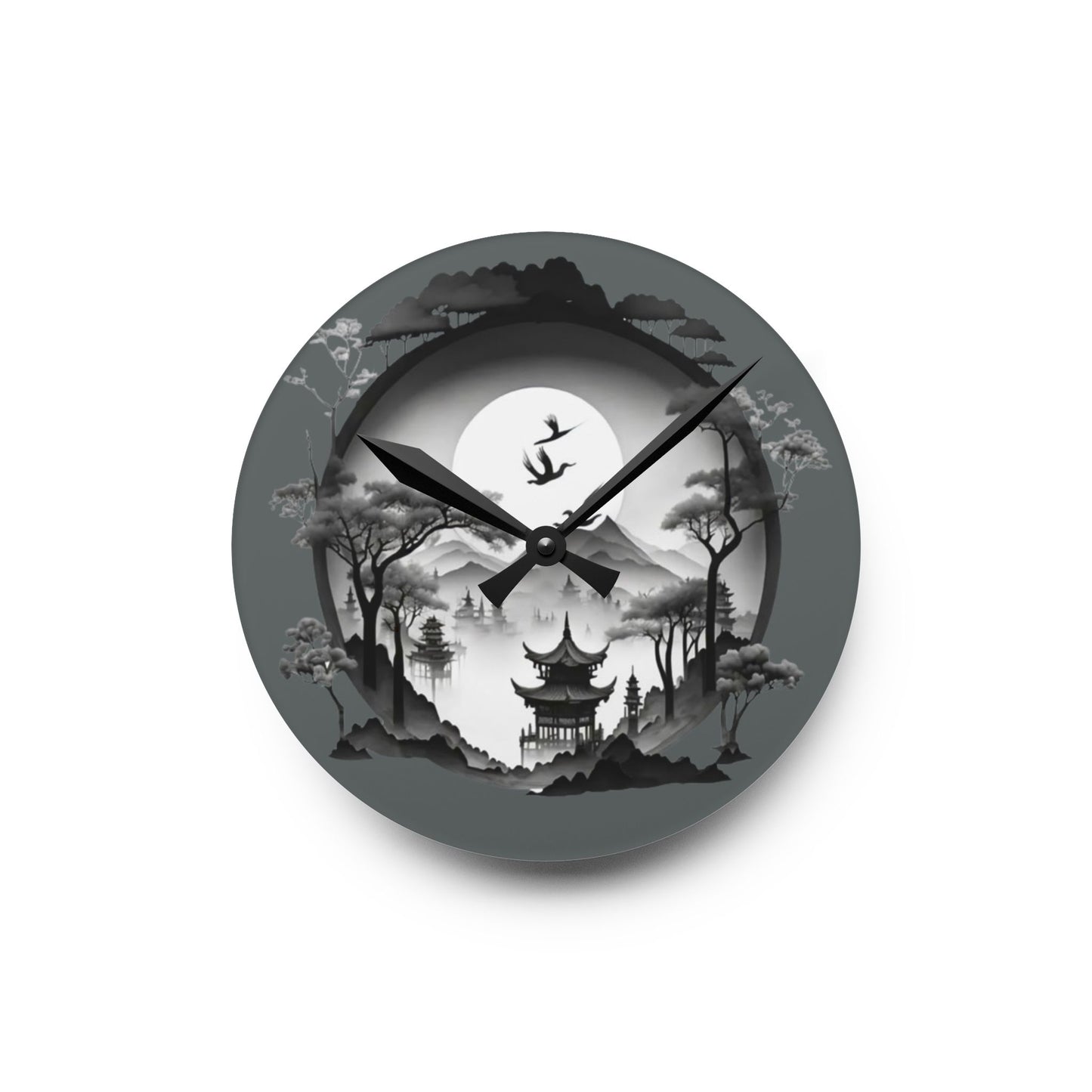 Serene Asian Landscape Acrylic Wall Clock - Home Décor, Zen Style, Perfect Gift for Minimalists