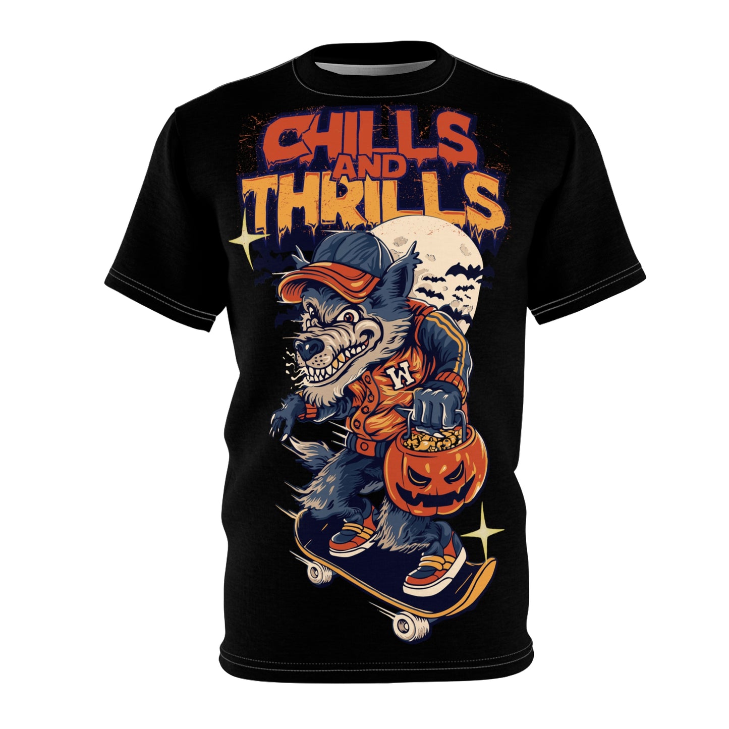 Chills and Thrills Graphic Tee - Halloween Skateboarding Wolf Shirt