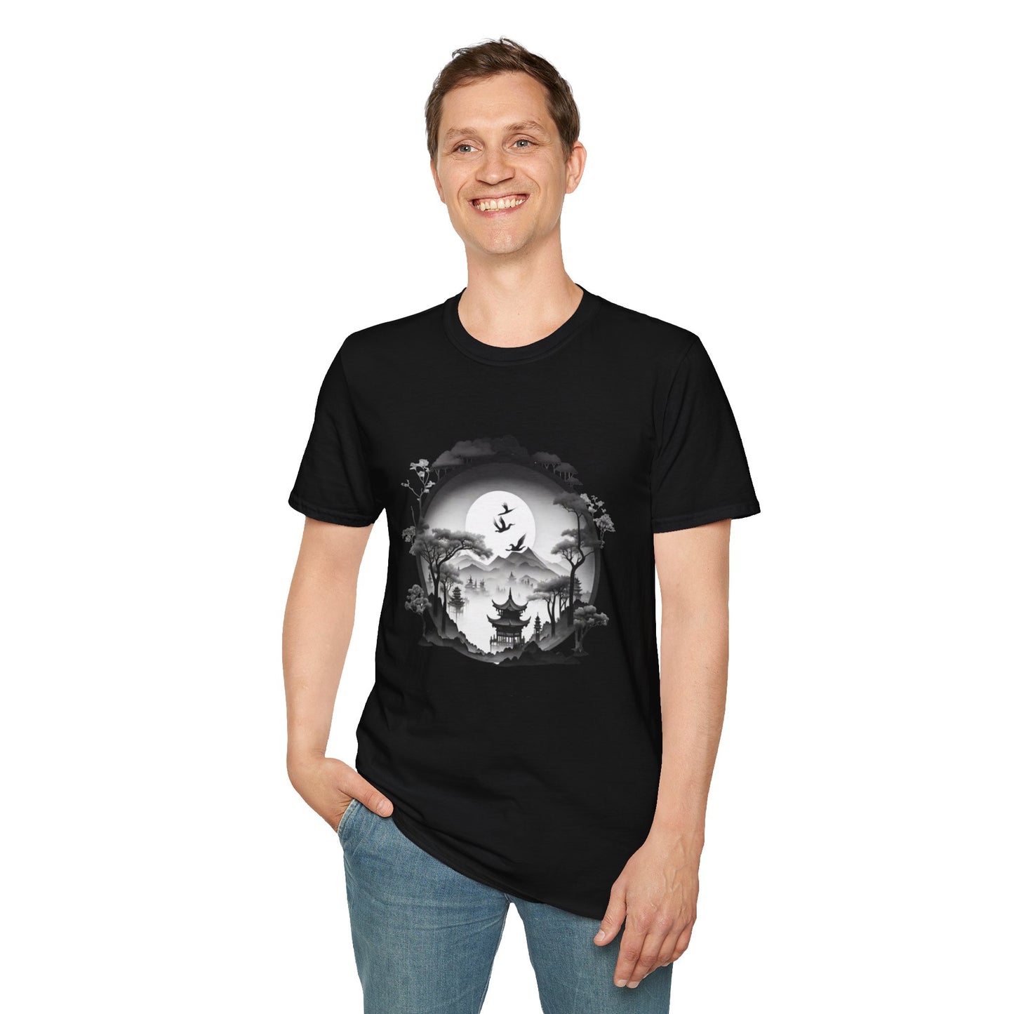 Zen-Inspired Unisex Softstyle T-Shirt with Scenic Landscape Design