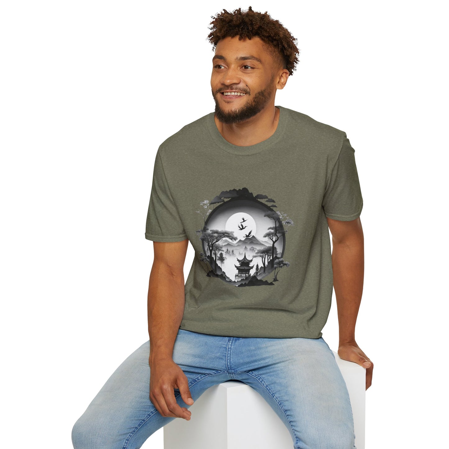 Zen-Inspired Unisex Softstyle T-Shirt with Scenic Landscape Design