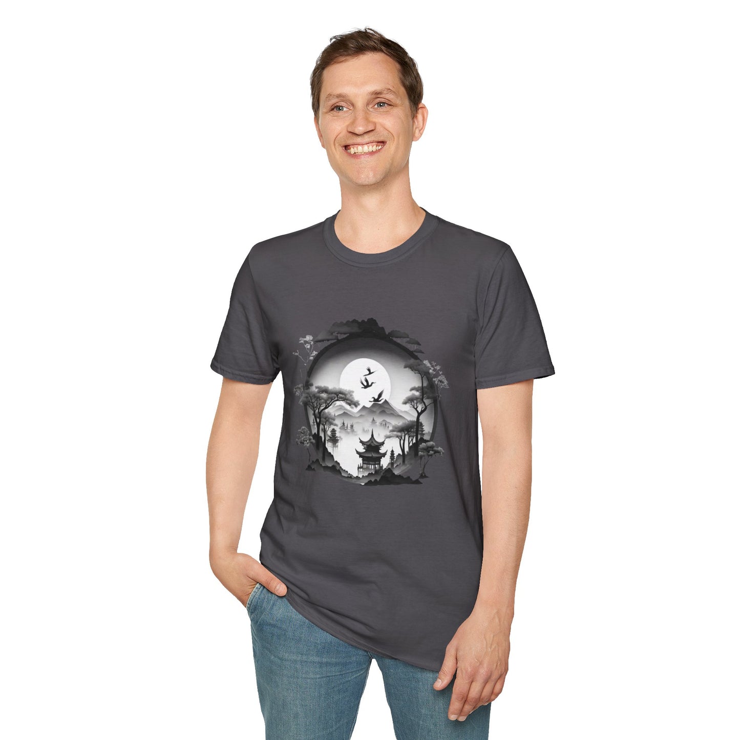 Zen-Inspired Unisex Softstyle T-Shirt with Scenic Landscape Design