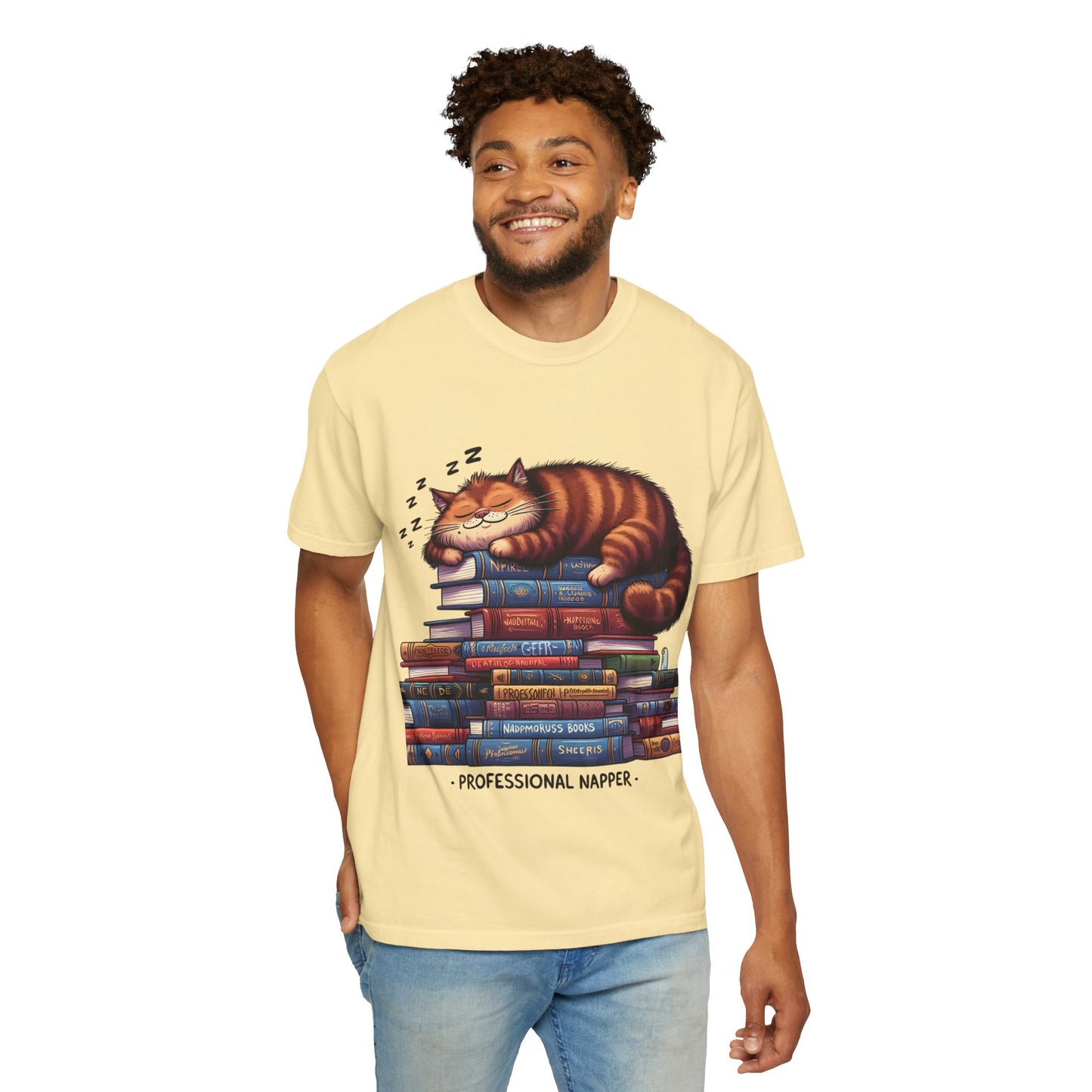 Professional Napper Cat T-Shirt | Unisex Garment-Dyed Tee for Book Lovers