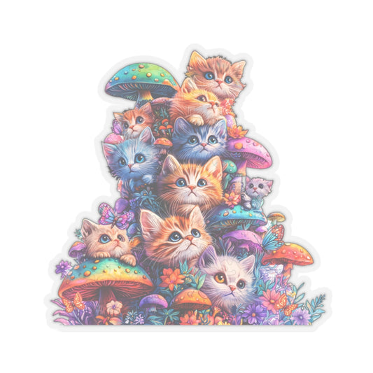 Whimsical Cat and Mushroom Kiss-Cut Stickers - Colorful Adhesive Art for Planners and Laptops