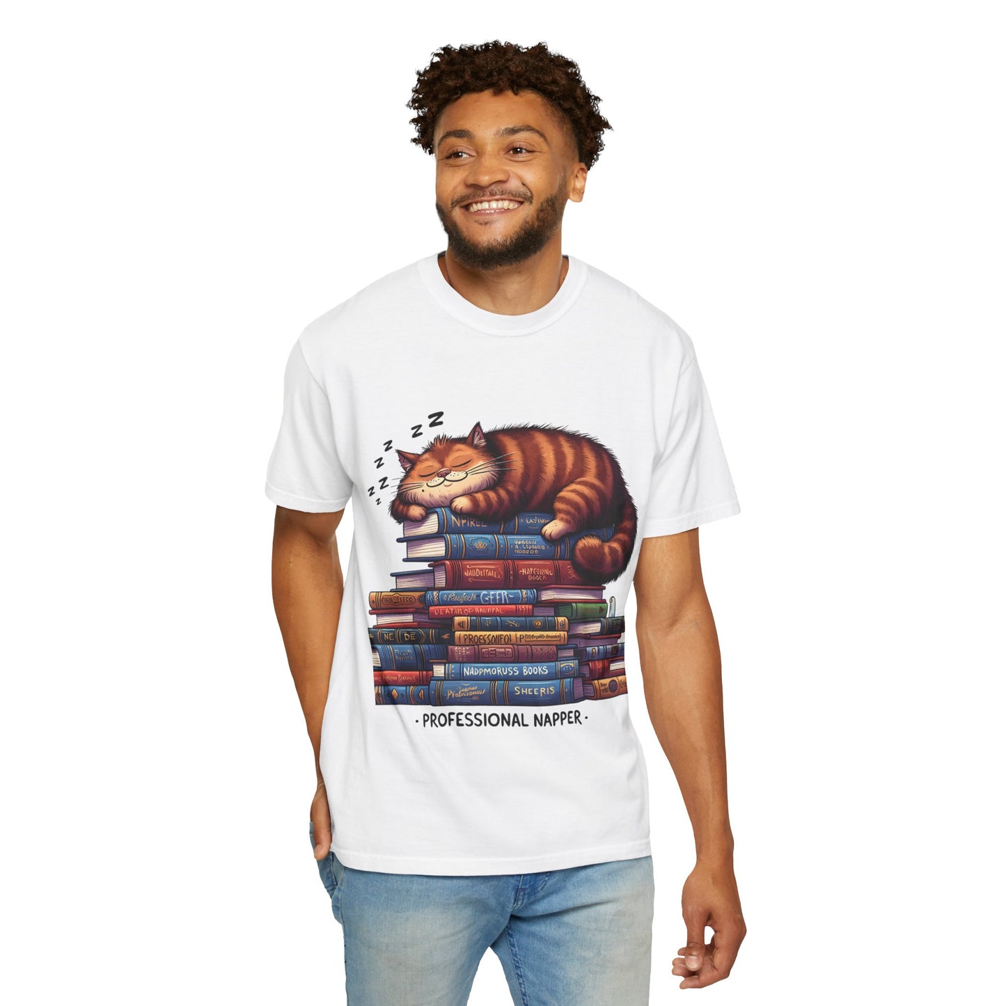 Professional Napper Cat T-Shirt | Unisex Garment-Dyed Tee for Book Lovers