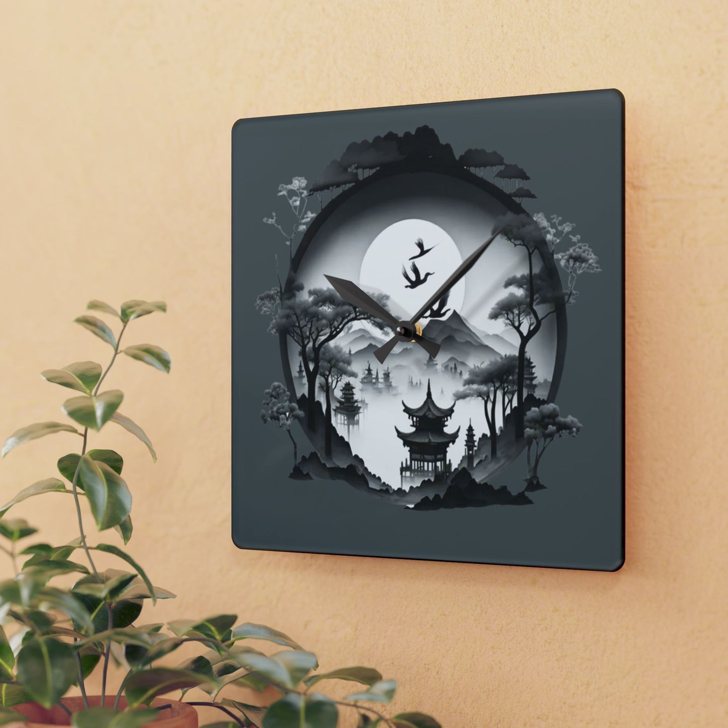 Serene Asian Landscape Acrylic Wall Clock - Home Décor, Zen Style, Perfect Gift for Minimalists