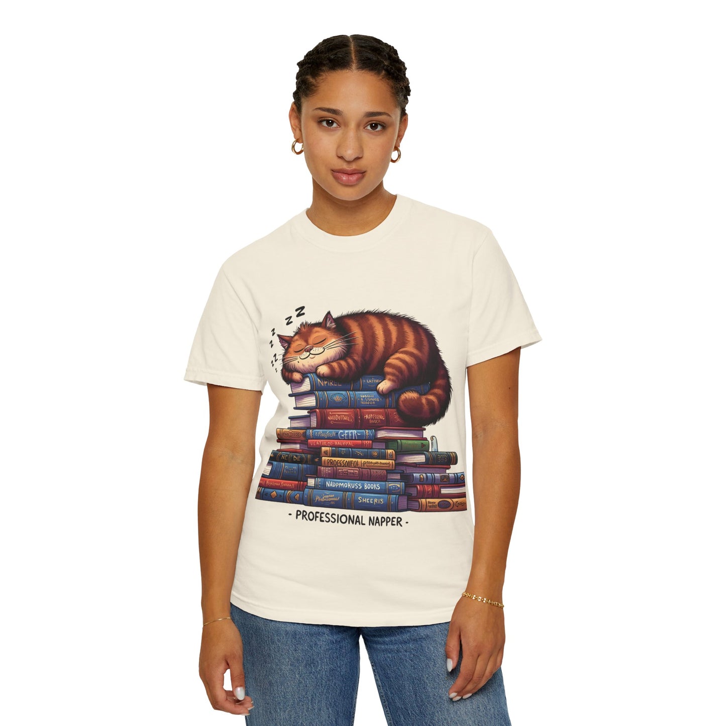 Professional Napper Cat T-Shirt | Unisex Garment-Dyed Tee for Book Lovers