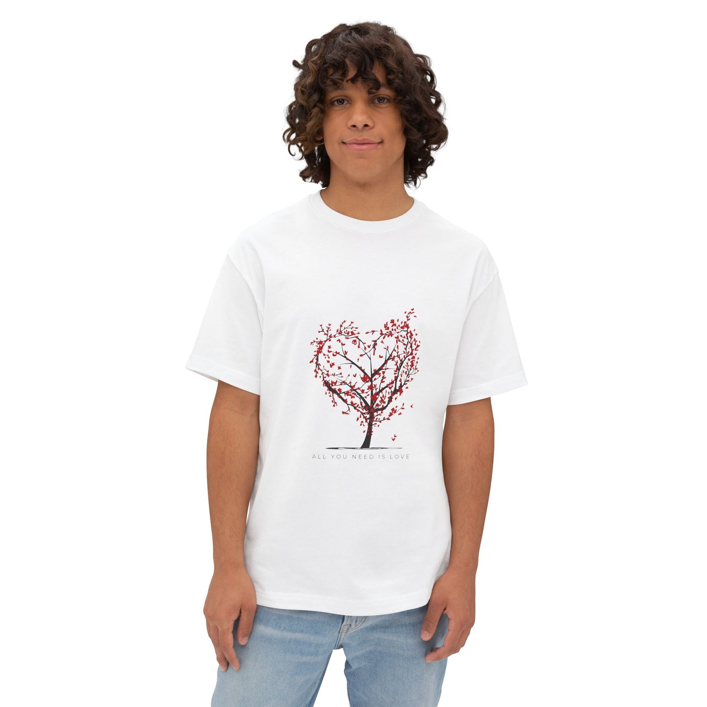 Romantic Unisex Oversized Boxy Tee - "All You Need Is Love" & Heartbeat Design