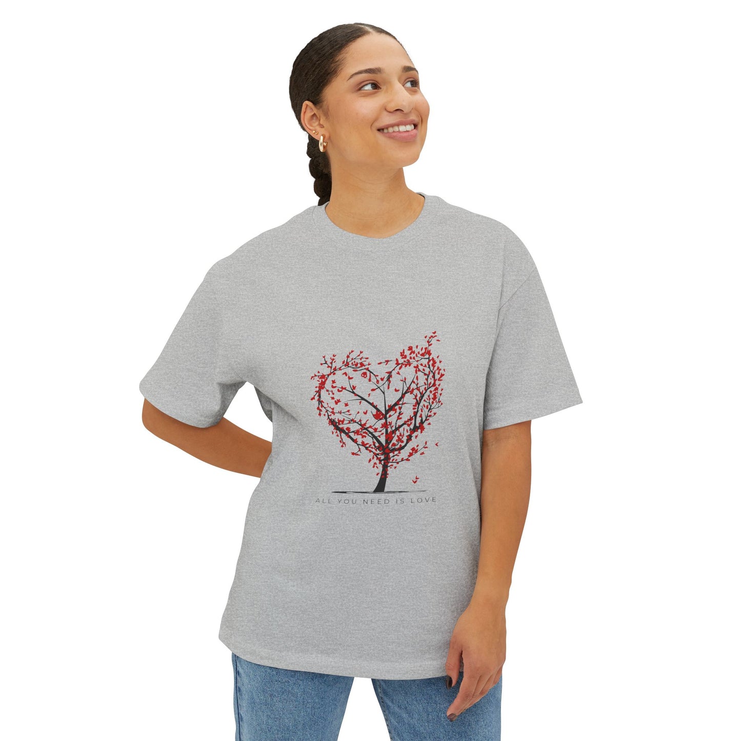 Romantic Unisex Oversized Boxy Tee - "All You Need Is Love" & Heartbeat Design