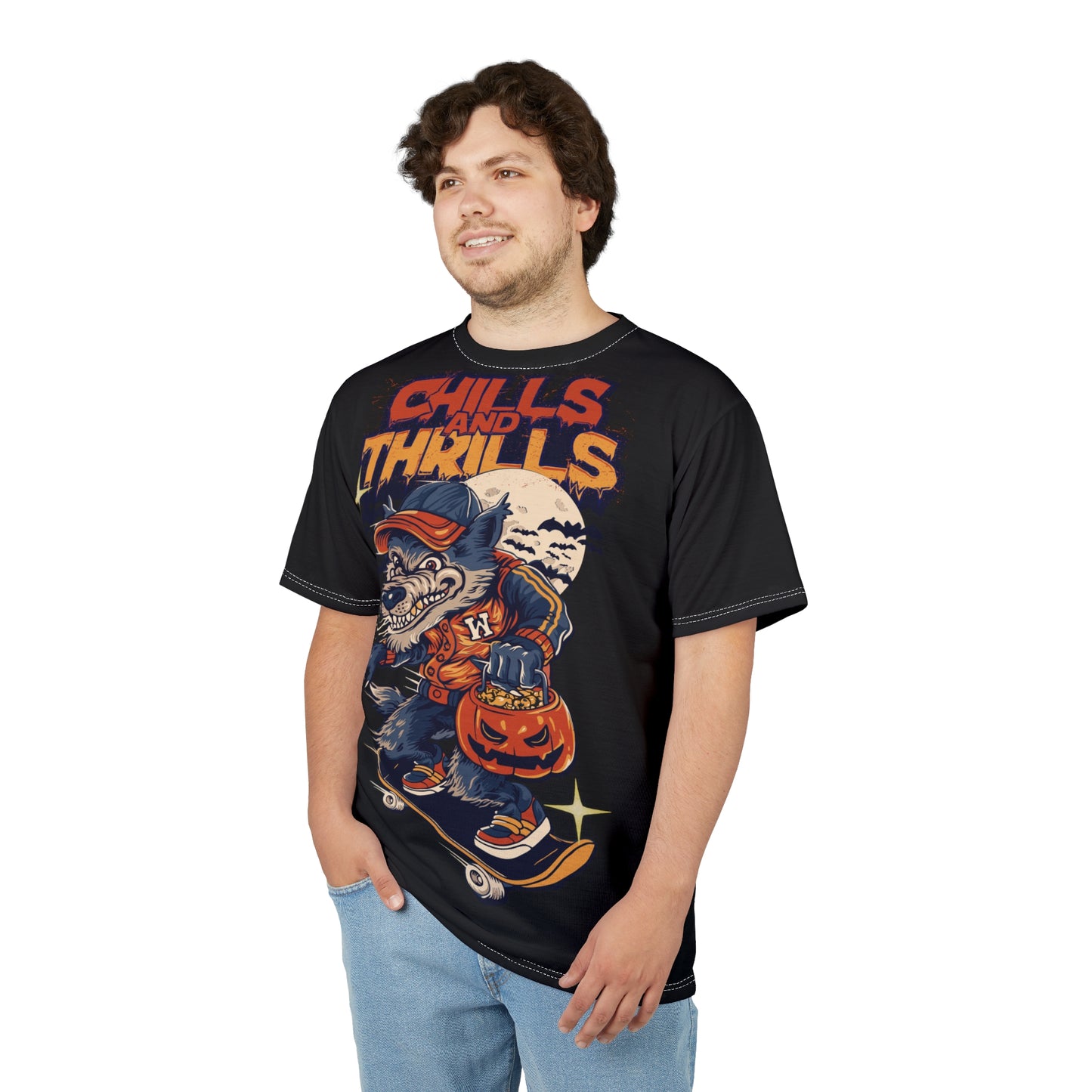 Chills and Thrills Graphic Tee - Halloween Skateboarding Wolf Shirt