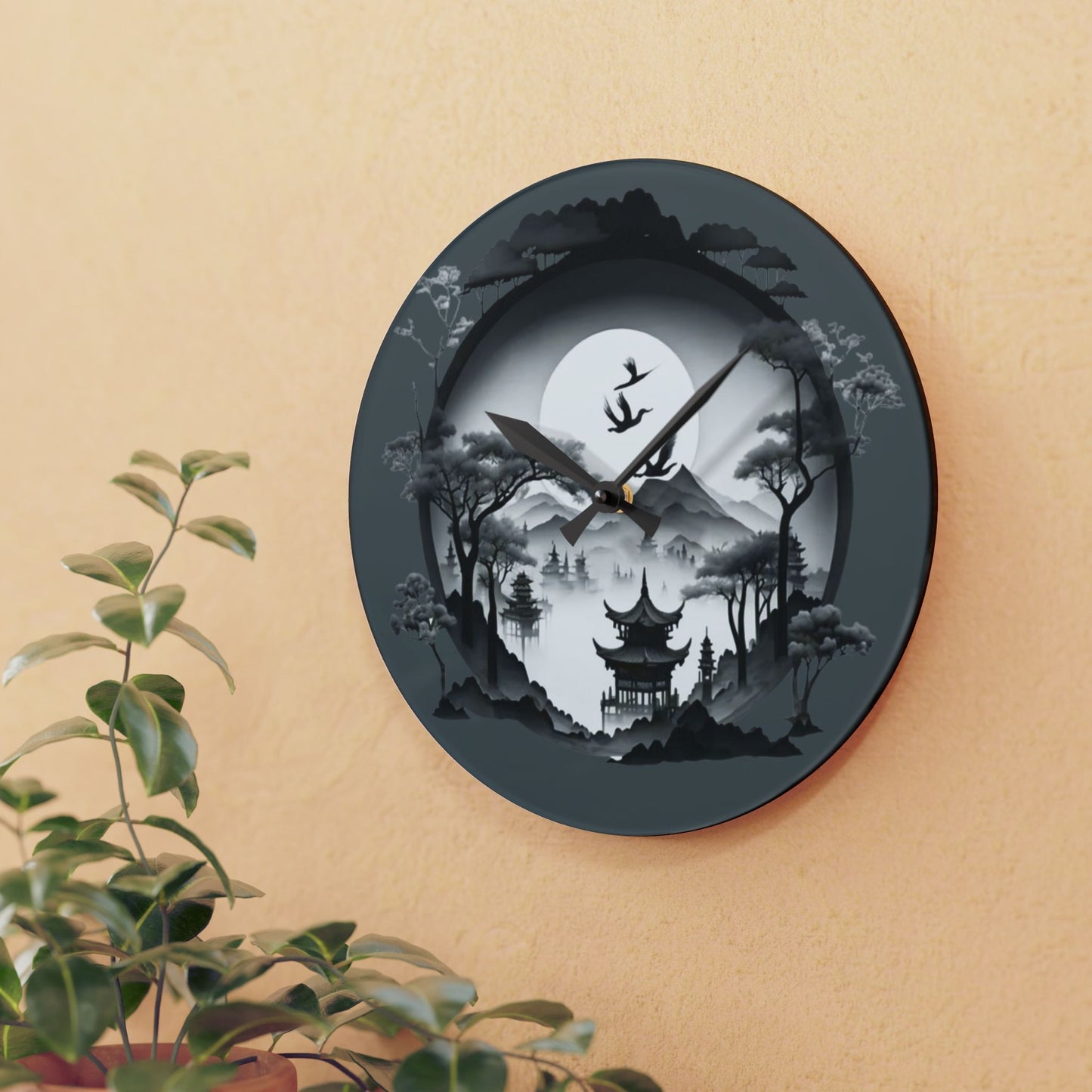 Serene Asian Landscape Acrylic Wall Clock - Home Décor, Zen Style, Perfect Gift for Minimalists