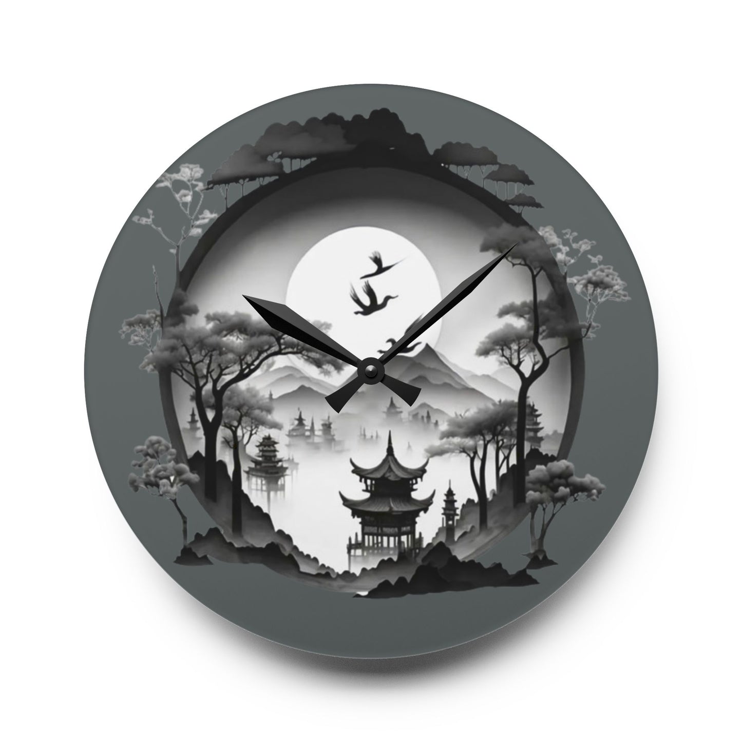 Serene Asian Landscape Acrylic Wall Clock - Home Décor, Zen Style, Perfect Gift for Minimalists